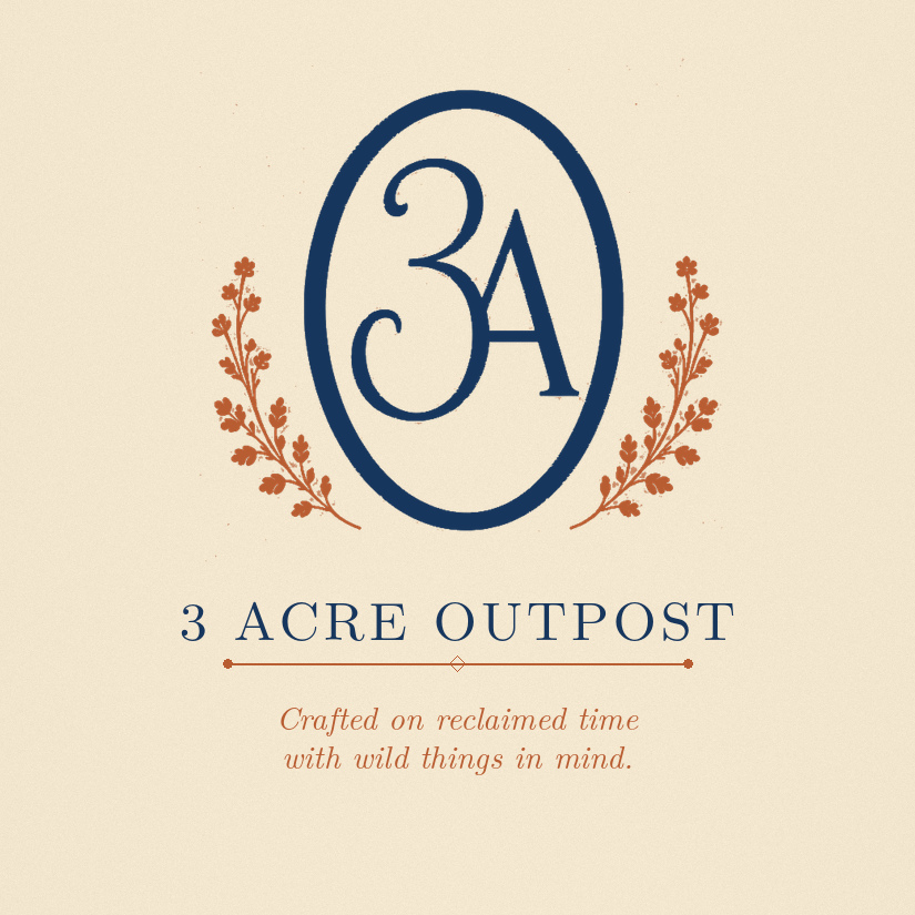3 Acre Outpost logo: a navy 3A monogram framed by copper oak branches above the words 3 Acre Outpost and the tagline Crafted on reclaimed time with wild things in mind