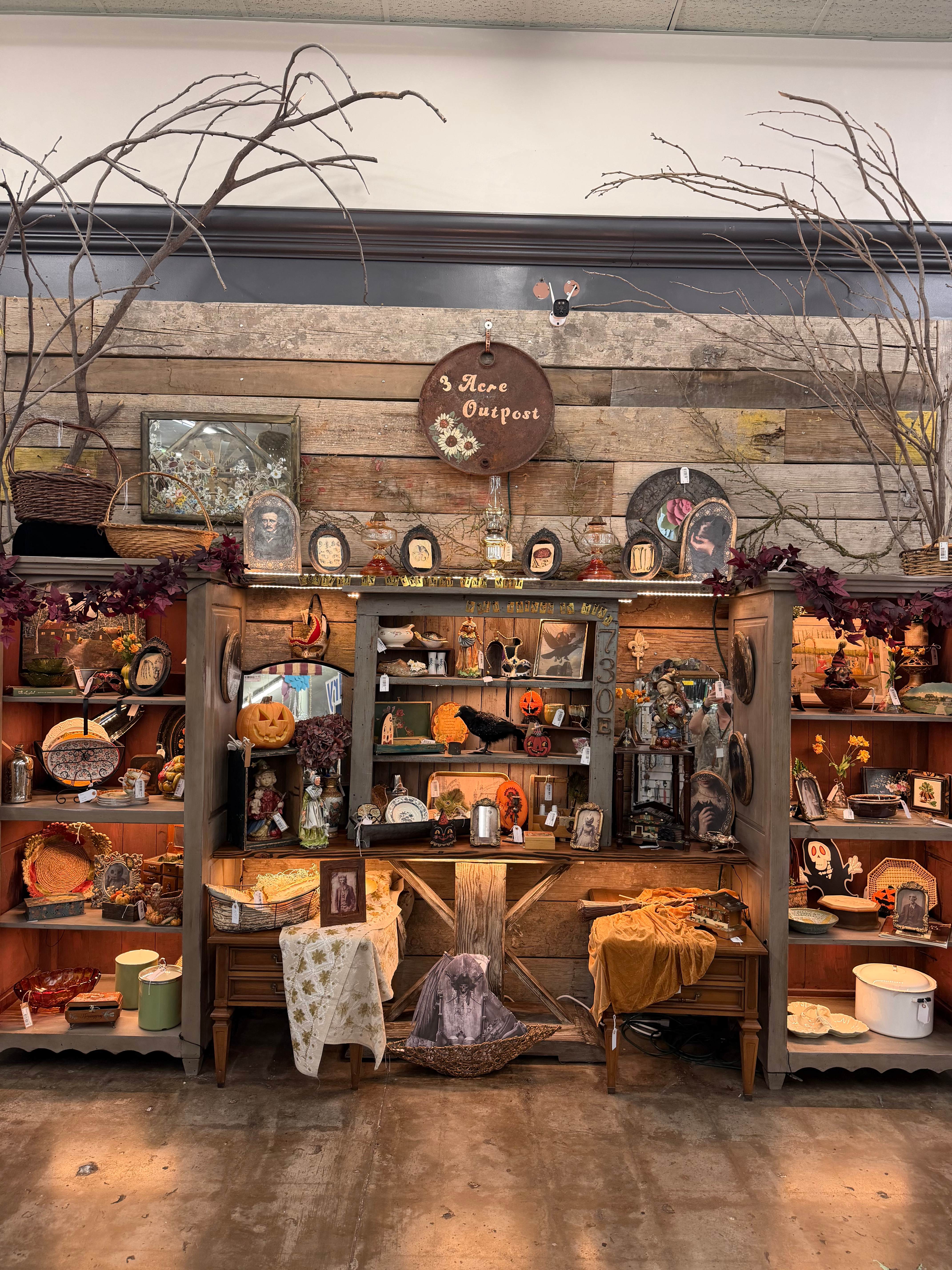 The 3 Acre Outpost booth at Merchant Square: a reclaimed-wood display wall with a round sunflower sign and arching branches above weathered gray shelving full of vintage plates, baskets, framed portraits, and warm seasonal decor
